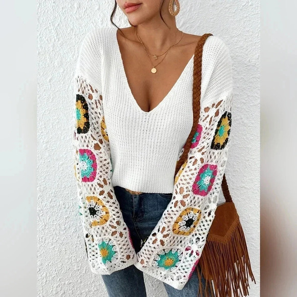 Floral Pattern Drop Shoulder Pointelle Knit Sweater - Picture 2 of 6